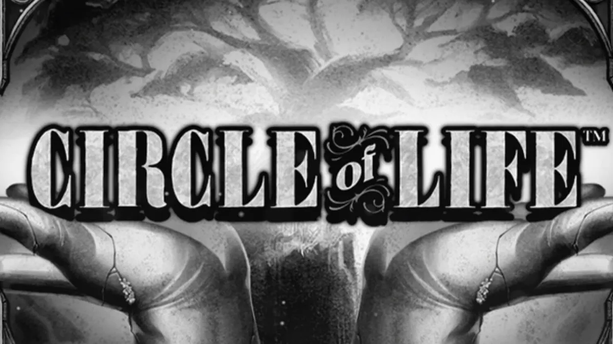 Tampilan visual artistik dari slot Circle of Life dengan tema monokrom dan pohon kehidupan.