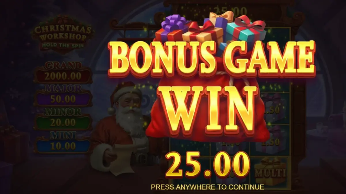 Tampilan visual slot Christmas Workshop: Hold The Spin dengan tema bengkel Santa yang meriah.