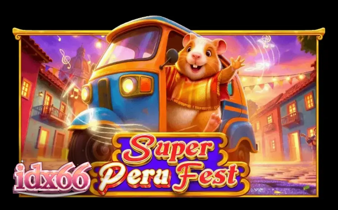 Tampilan antarmuka seluler gim slot Super Peru Fest dengan latar belakang festival yang meriah